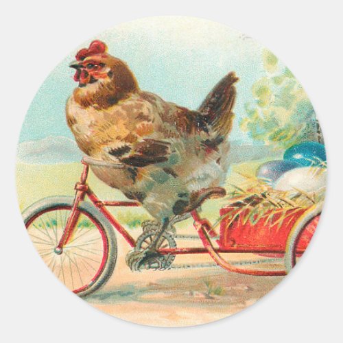 Vintage Easter Chicken Riding a Bicycle Easter Egg Classic Round Sticker