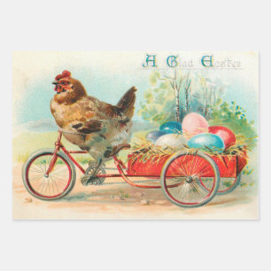 Vintage Easter Chicken Riding a Bicycle Easter Egg Wrapping Paper Sheets