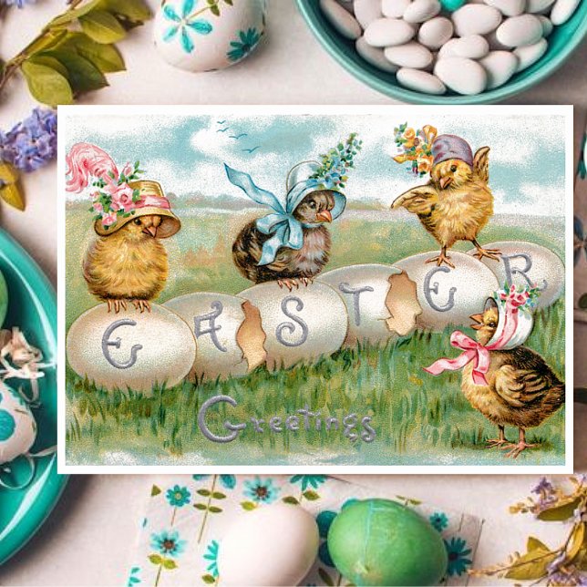 Vintage Easter Chicks and Easter Eggs Holiday Card (Creator Uploaded)