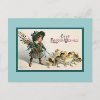 Vintage Easter Chicks and Girl on Walk Holiday Postcard