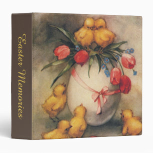Vintage Easter Chicks, Egg with Red Tulip Flowers 3 Ring Binder