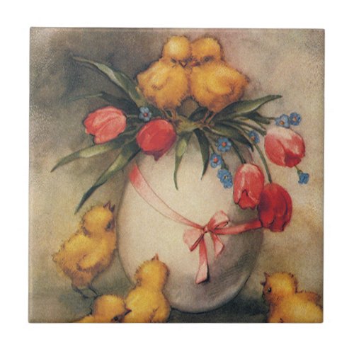 Vintage Easter Chicks Egg with Red Tulip Flowers Ceramic Tile