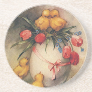 Vintage Easter Chicks, Egg with Red Tulip Flowers Coaster