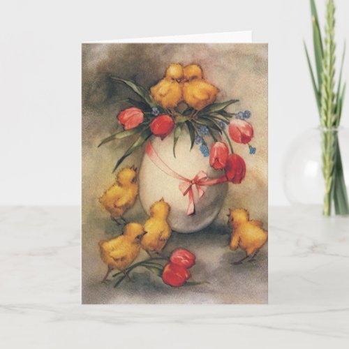 Vintage Easter Chicks Egg with Red Tulip Flowers Holiday Card
