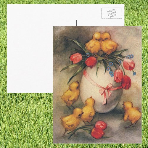 Vintage Easter Chicks Egg with Red Tulip Flowers Holiday Postcard