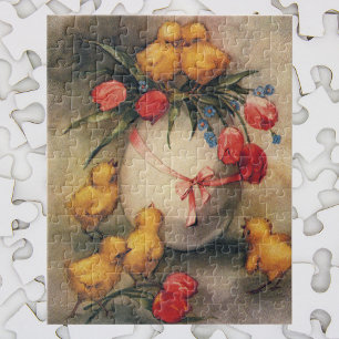 Vintage Easter Chicks, Egg with Red Tulip Flowers Jigsaw Puzzle