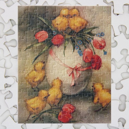 Vintage Easter Chicks Egg with Red Tulip Flowers Jigsaw Puzzle