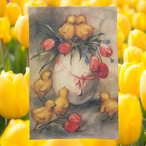 Vintage Easter Chicks Egg with Red Tulip Flowers Kitchen Towel