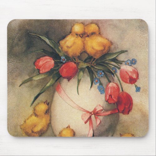 Vintage Easter Chicks Egg with Red Tulip Flowers Mouse Pad