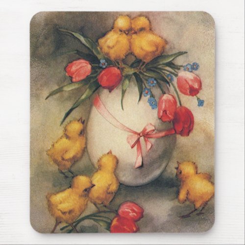 Vintage Easter Chicks Egg with Red Tulip Flowers Mouse Pad