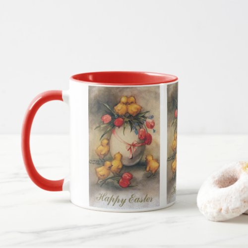 Vintage Easter Chicks Egg with Red Tulip Flowers Mug