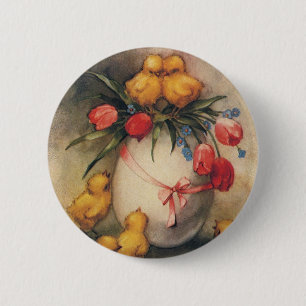 Vintage Easter Chicks, Egg with Red Tulip Flowers Pinback Button
