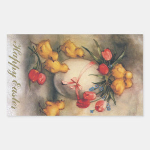 Vintage Easter Chicks, Egg with Red Tulip Flowers Rectangular Sticker