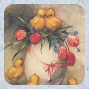 Vintage Easter Chicks, Egg with Red Tulip Flowers Square Sticker