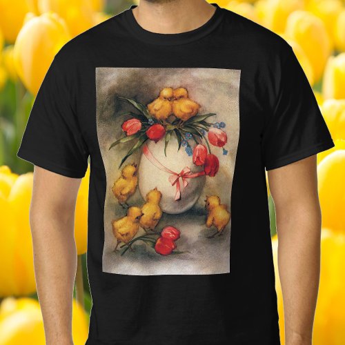 Vintage Easter Chicks Egg with Red Tulip Flowers T_Shirt