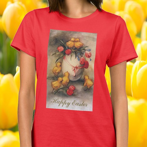 Vintage Easter Chicks Egg with Red Tulip Flowers T_Shirt