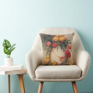 Vintage Easter Chicks, Egg with Red Tulip Flowers Throw Pillow