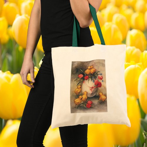 Vintage Easter Chicks Egg with Red Tulip Flowers Tote Bag