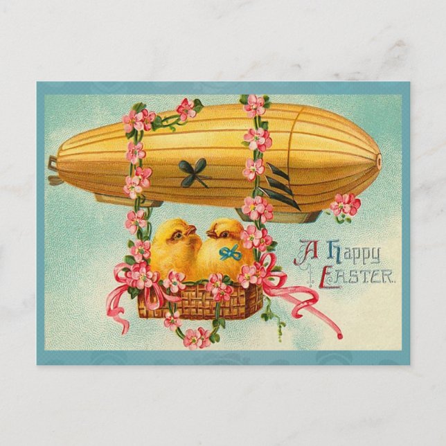 Vintage Easter Chicks Hot Air Balloon Holiday Postcard (Front)