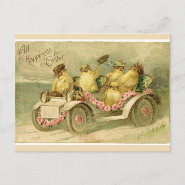 Vintage Easter Chicks in Antique Car Postcard (Front)