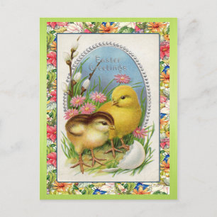 Vintage Easter Chicks Victorian Floral Spring Holiday Postcard