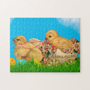 Vintage Easter Chicks with Blue Sky and Easter Egg Jigsaw Puzzle