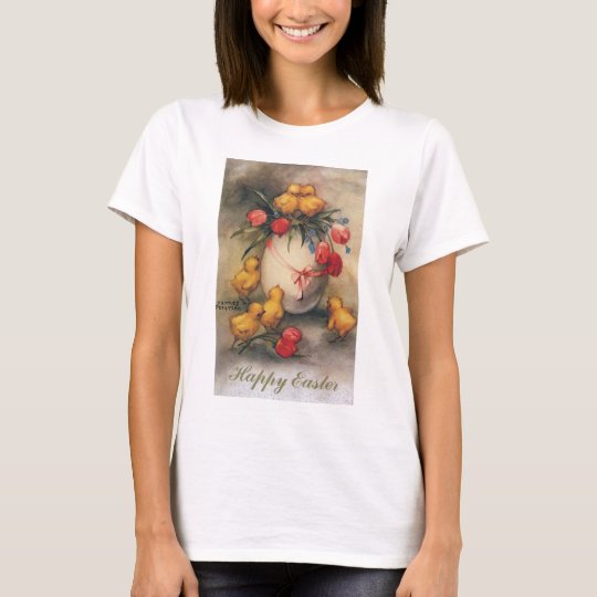 Vintage Easter Chicks with Red Tulip Flowers T-Shirt