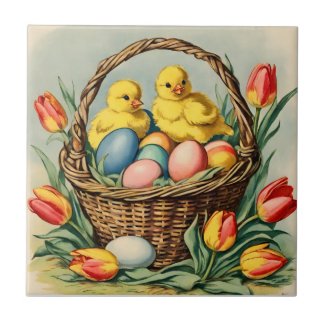   Vintage  Easter  Chicks with tulips 