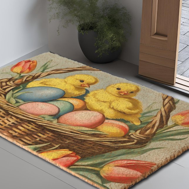   Vintage  Easter  Chicks with tulips  Fiber Doormat (Creator Uploaded)