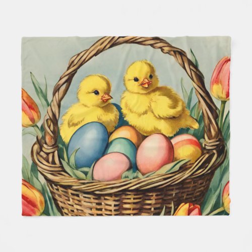   Vintage  Easter  Chicks with tulips  Fleece Blanket