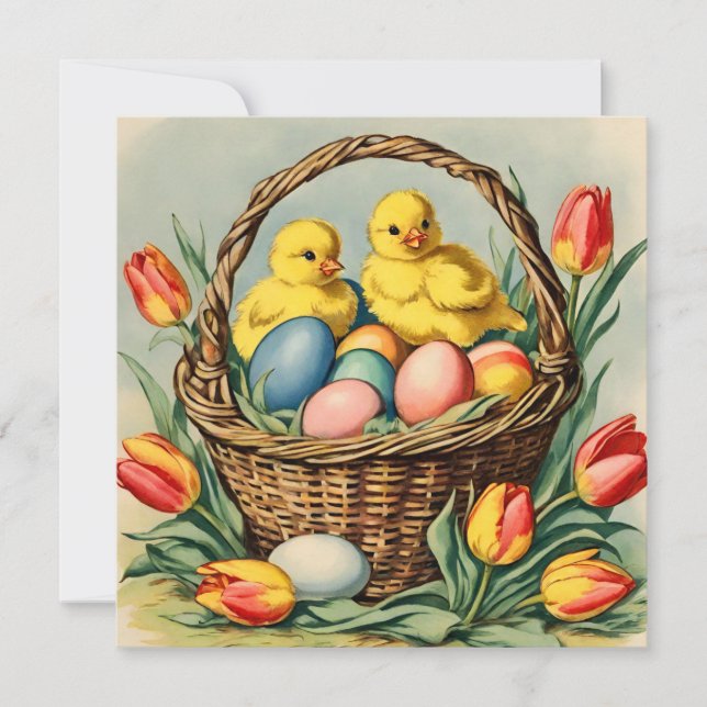   Vintage  Easter  Chicks with tulips  Invitation (Front)