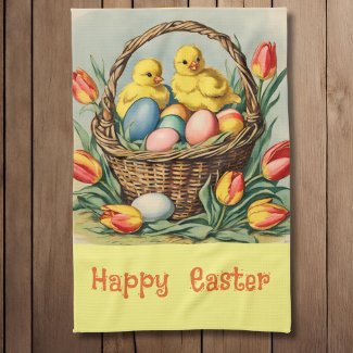   Vintage  Easter  Chicks with tulips 