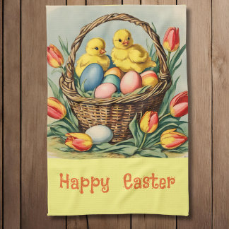   Vintage  Easter  Chicks with tulips  Kitchen Towel