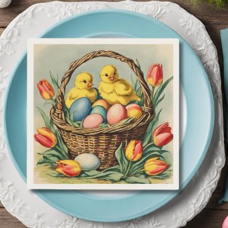   Vintage  Easter  Chicks with tulips 