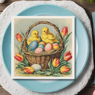   Vintage  Easter  Chicks with tulips 
