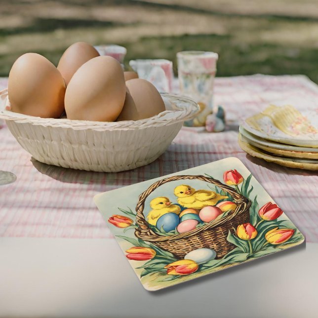   Vintage  Easter  Chicks with tulips  Square Paper Coaster (Creator Uploaded)