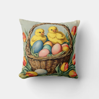   Vintage  Easter  Chicks with tulips  Throw Pillow