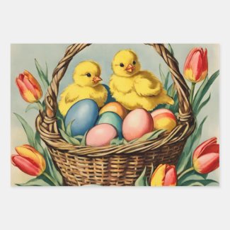   Vintage  Easter  Chicks with tulips 