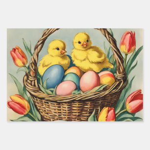 Vintage Easter Chicks with tulips Wrapping Paper Sheets