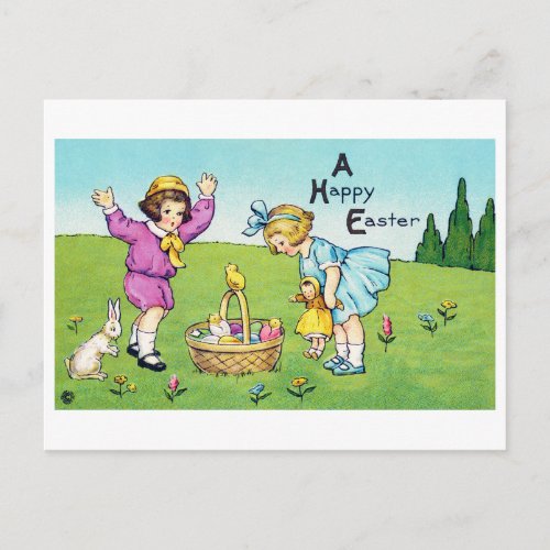 Vintage Easter Child Bunny Chick  Postcard