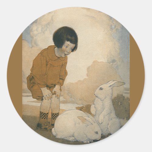 Vintage Easter Child Playing White Bunny Rabbits Classic Round Sticker
