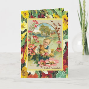 Vintage Easter, Child with hen and flowers Holiday Card