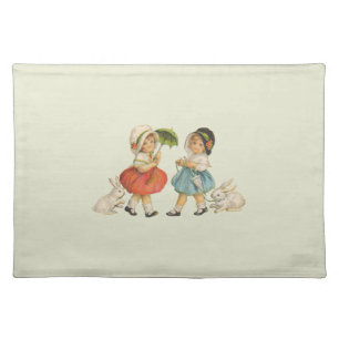 Vintage Easter Children Rabbits Bonnets Antique Cloth Placemat