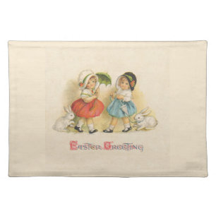 Vintage Easter Children Rabbits Bonnets Antique Placemat