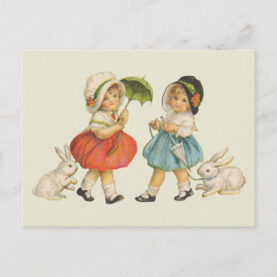 Vintage Easter Children Rabbits Bonnets Antique Postcard