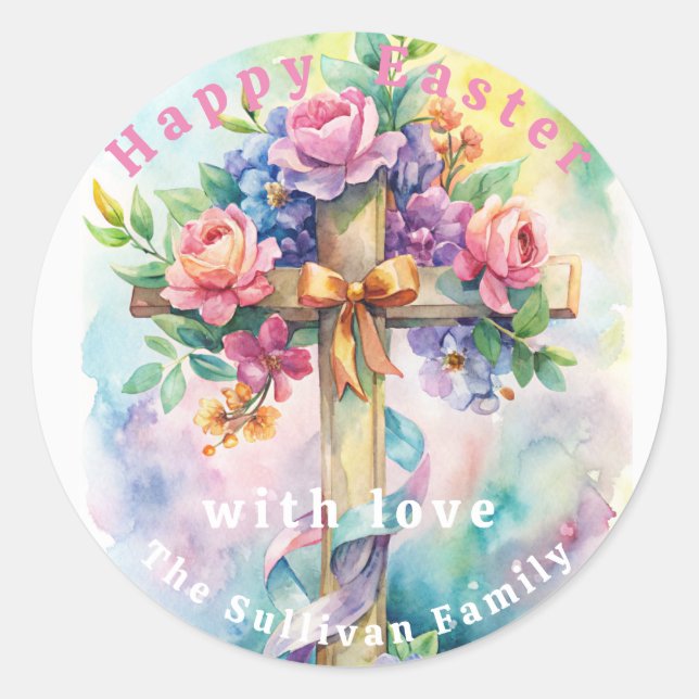 Vintage Easter Church Cross Flowers.  Classic Round Sticker (Front)