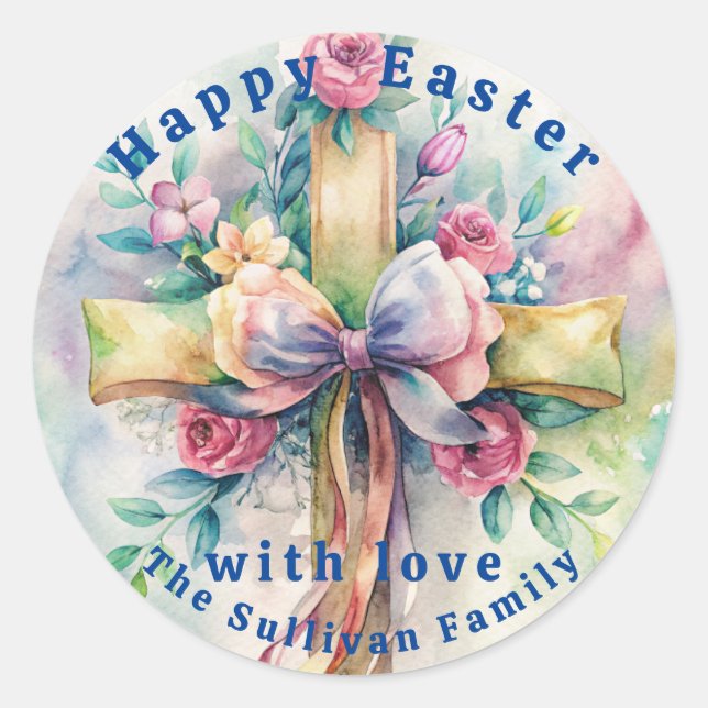 Vintage Easter Church Cross Flowers.  Classic Round Sticker (Front)