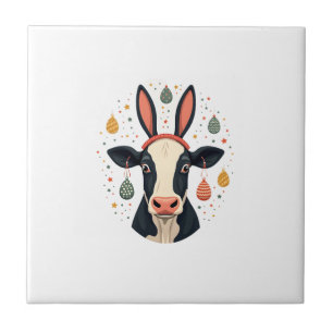 Vintage Easter Cow Bunny Ears Cute Farm Animal Egg Ceramic Tile