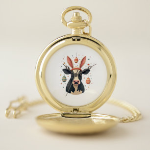 Vintage Easter Cow Bunny Ears Cute Farm Animal Egg Pocket Watch