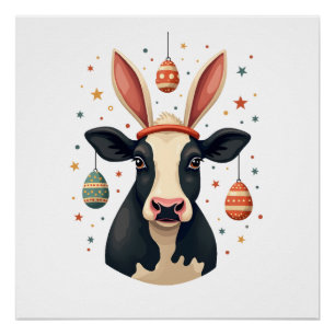 Vintage Easter Cow Bunny Ears Cute Farm Animal Egg Poster